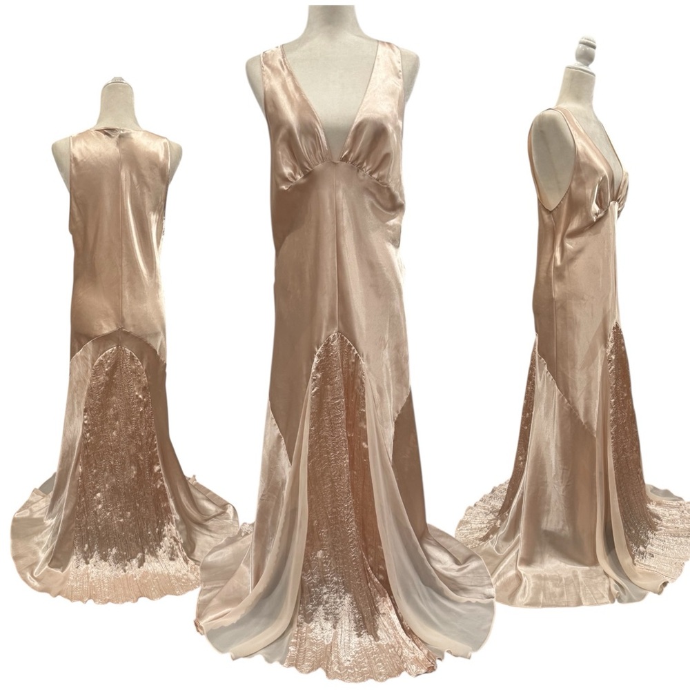 🌺SOLD🌺 Jacalyn Bennett Silky Satin Sheer Chiffon Champagne Maxi Gown Slip Dress - Picture 1 of 8